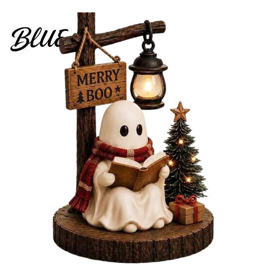 Rustic Halloween Decor Ghost Figurine Vintage Cozy Reading Book/Walking Dog Statue with Lantern Fall Home Accents Light Up Spooky Resin Tabletop