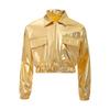 Unisex Kids Metallic Shiny Jacket Turn Down Collar Long Sleeves Flap Pockets Dance Coat