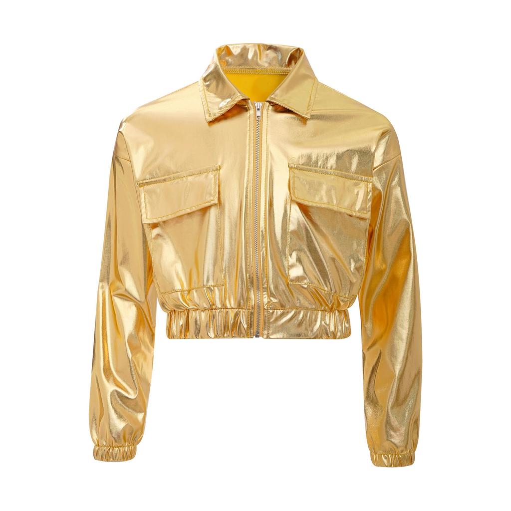 Unisex Kids Metallic Shiny Jacket Turn Down Collar Long Sleeves Flap Pockets Dance Coat