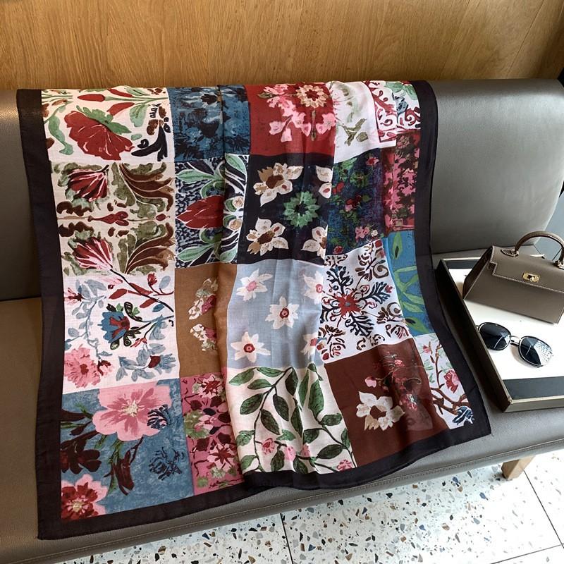 Womens Cotton Linen Scarf Square Wrap Shawl With Floral Print Lightweight Fall Winter Accessory