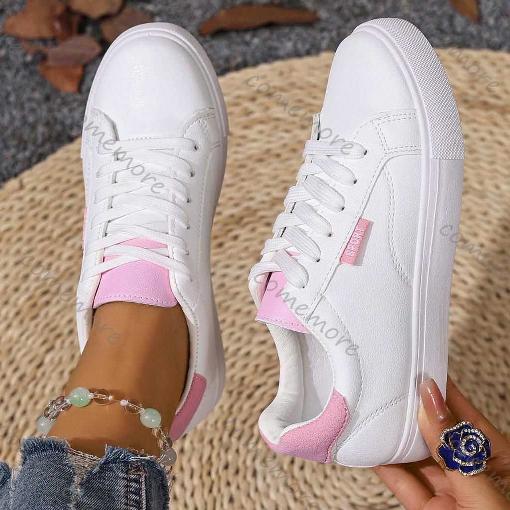 Comemore White Shoes Women's Spring Autumn Flat Bottom Leather Sneakers Casual Lace Up Students College Style Board Shoes Female