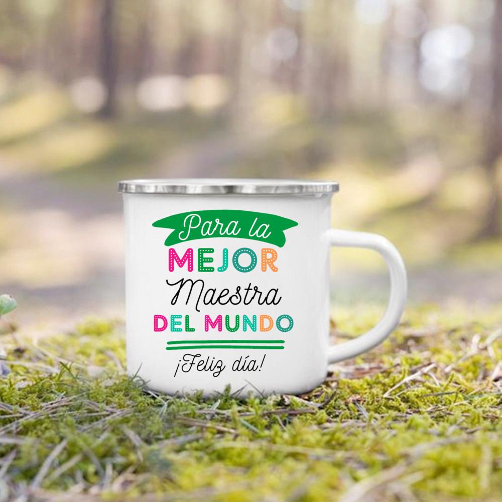 Best Teacher in The World Spanish Printed Mug Creative Coffee Cups Drinks Enamel Cup Vintage Handle Drinkware Gifts for Teacher