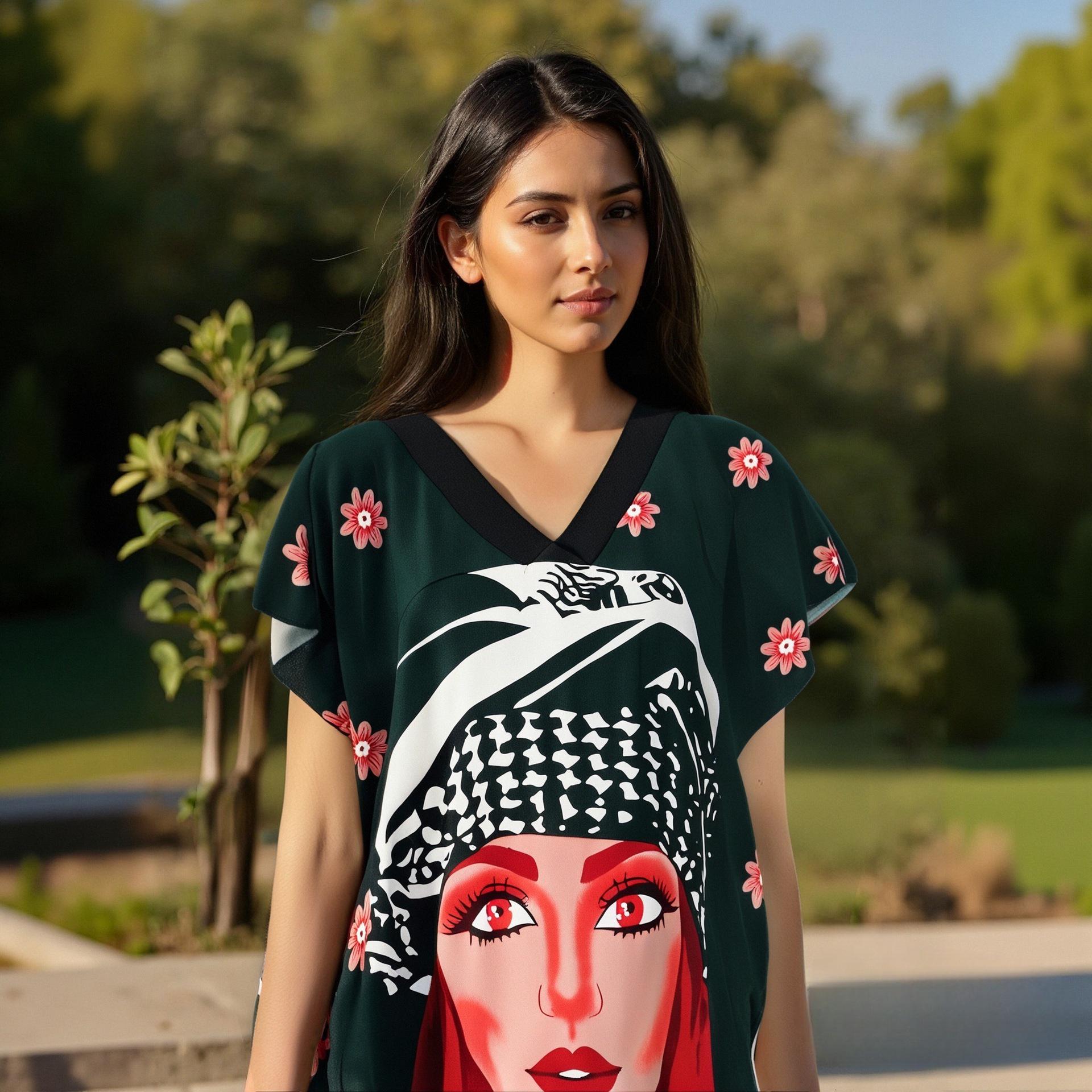 

Plus Size Satin Print Abaya Dress One Size темно-зелений колір