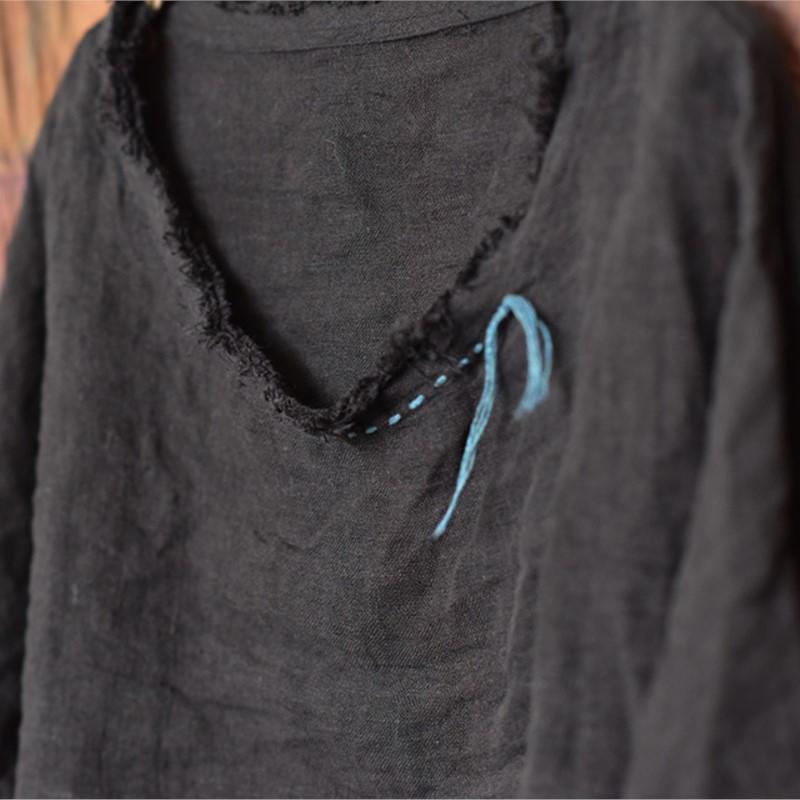 Johnature Vintage Damen T-Shirts Einfarbig Herbst T-Shirts O-Ausschnitt Langarm Stickerei Unregelmäßig Damen T-Shirts