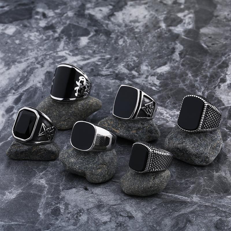 Simple Fashion Stainless Steel with Black Agate Stone Rings for Men Women High Quality Wedding Jewelry Gifts Dropshipping