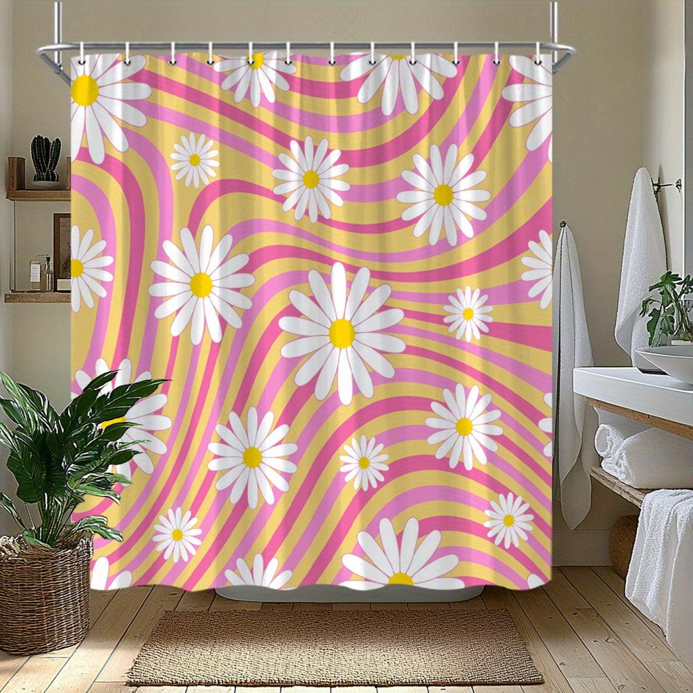 1 pieza Cortina de ducha con estampado de margaritas vintage, tela de poliéster, lavable a máquina, adecuada para la decoración del baño.