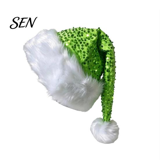 Santa Hat Christmas Sparkly for Women Men, Glitter Sequin with White Fluffy Trim Festive Costume Accessories Cosplay And Pom Pom, Holiday Party Bling
