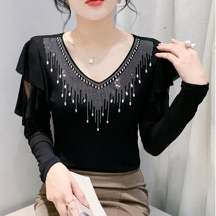 Fashion Spring Autumn Korean Sexy V-neck Hot Diamonds T-shirt Chic Hollow Out Long Sleeve Womens Tees Streetwear Girl Elastic Mesh Top