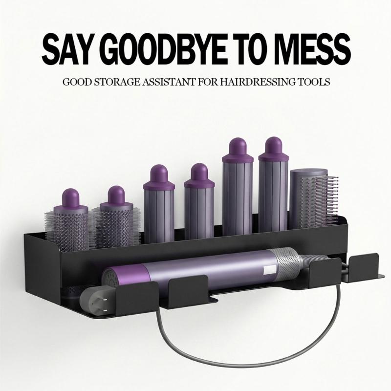 Adhesive-Mounted Hair Dryer and Curling Iron Holder with Open Wall Storage and Front Cord Retainers for Dressing Spaces