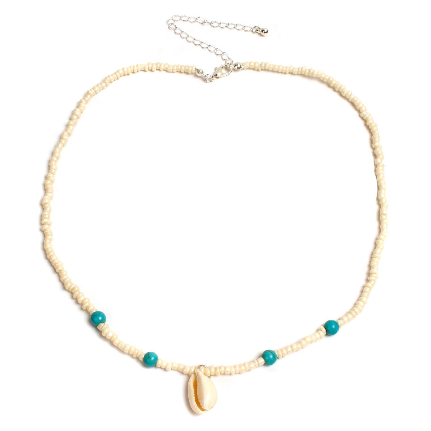 

Accessories, white rice bead turquoise shell necklace, fashion temperament short neck chain, collarbone chain