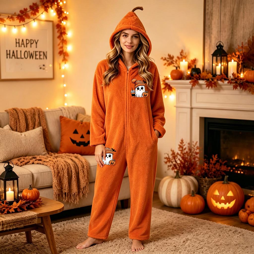 Damen Flanell-Schlafanzug-Set mit Halloween-Print für gemütliche Stunden