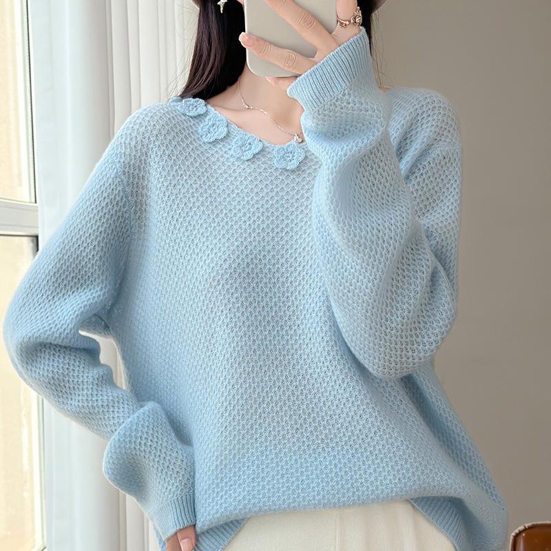 100% Silk Wool French Floral Patchwork Collar Sweater - Women's Autumn Winter Crochet Knitwear, Lazy Style