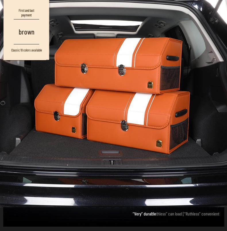 Leather Car Trunk Organizer: Foldable Interior Storage Box and Decorative Accessory.