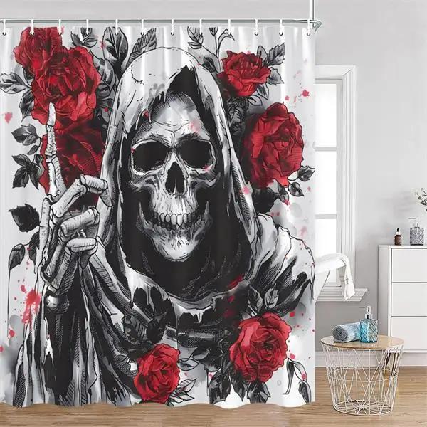 Floral Skull Shower Curtain Red Rose Flowers Skeleton Horror Halloween Bath Curtains Polyester Home Bathroom Decor with Hooks