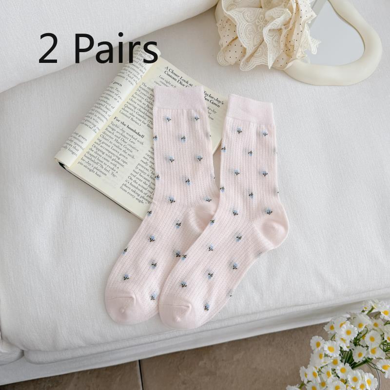 2 Pairs of Thin Mesh Small Floral Country-style Women's Mid-length Cotton Socks with Breathable Layers