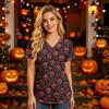 Damen V-Ausschnitt Kurzarm Kasack mit Taschen Halloween-Print Pflegekraft Uniform