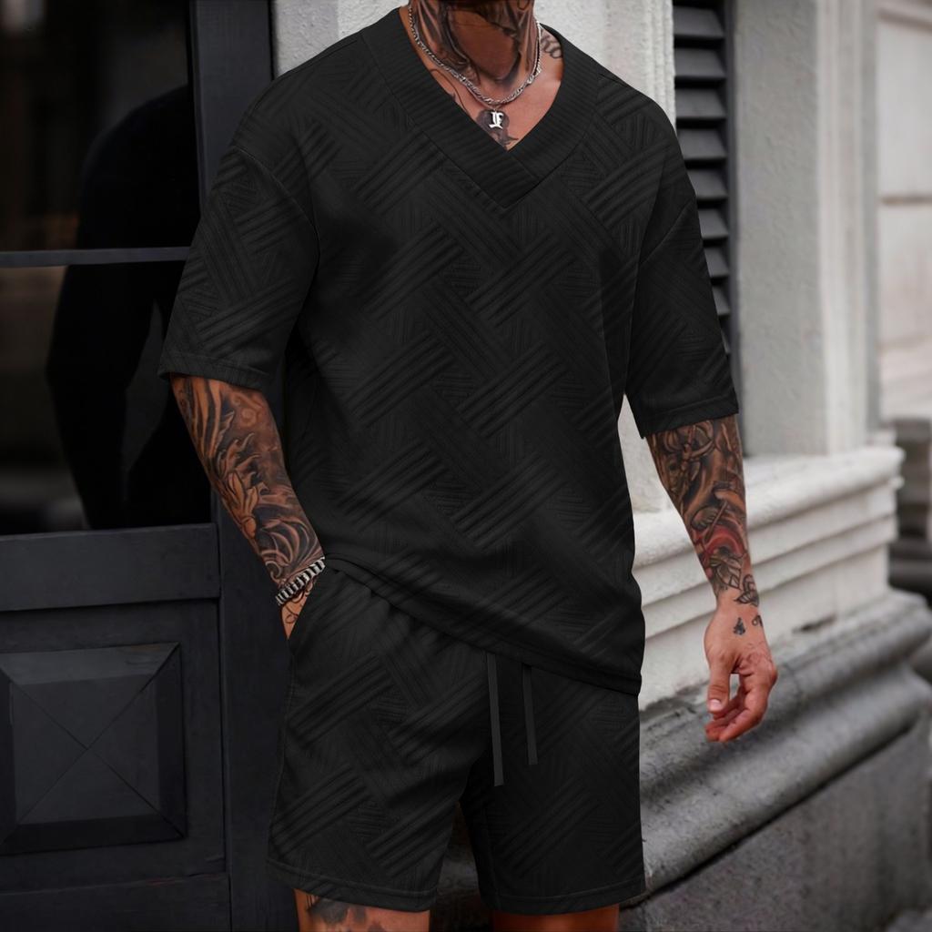 Men's New Casual Color Versatile V-neck Short-sleeve And Shorts Set
