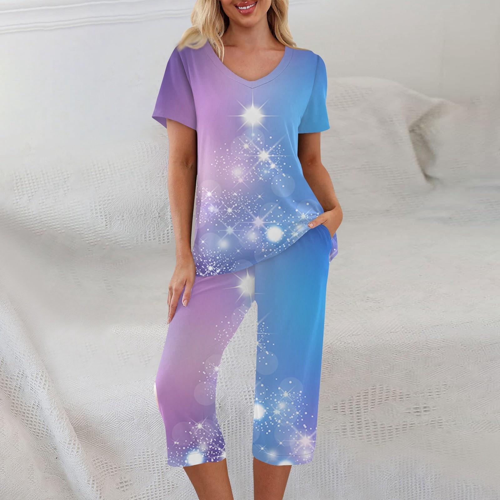 

Комплекты из 2 предметов для женщин, летний топ с короткими рукавами и брюки с карманами, мягкие комплекты для тренировок XXXL фиолетовый