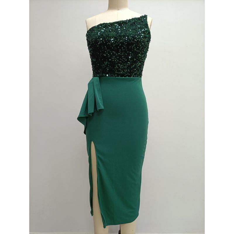 

2023 Сексуальное платье с разрезом и бисером, темпераментное вечернее платье Green M