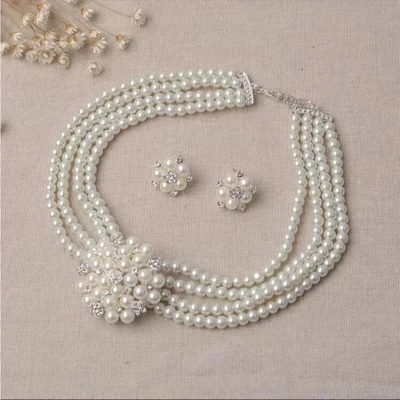 Elegant Women Necklace Set with Rhinestone and Beaded Faux Pearls Perfect for Bridal Occasions A1