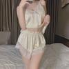 Summer pajamas women's thin ice silk suspender shorts two-piece set sexy belt chest pad lace halter vest set