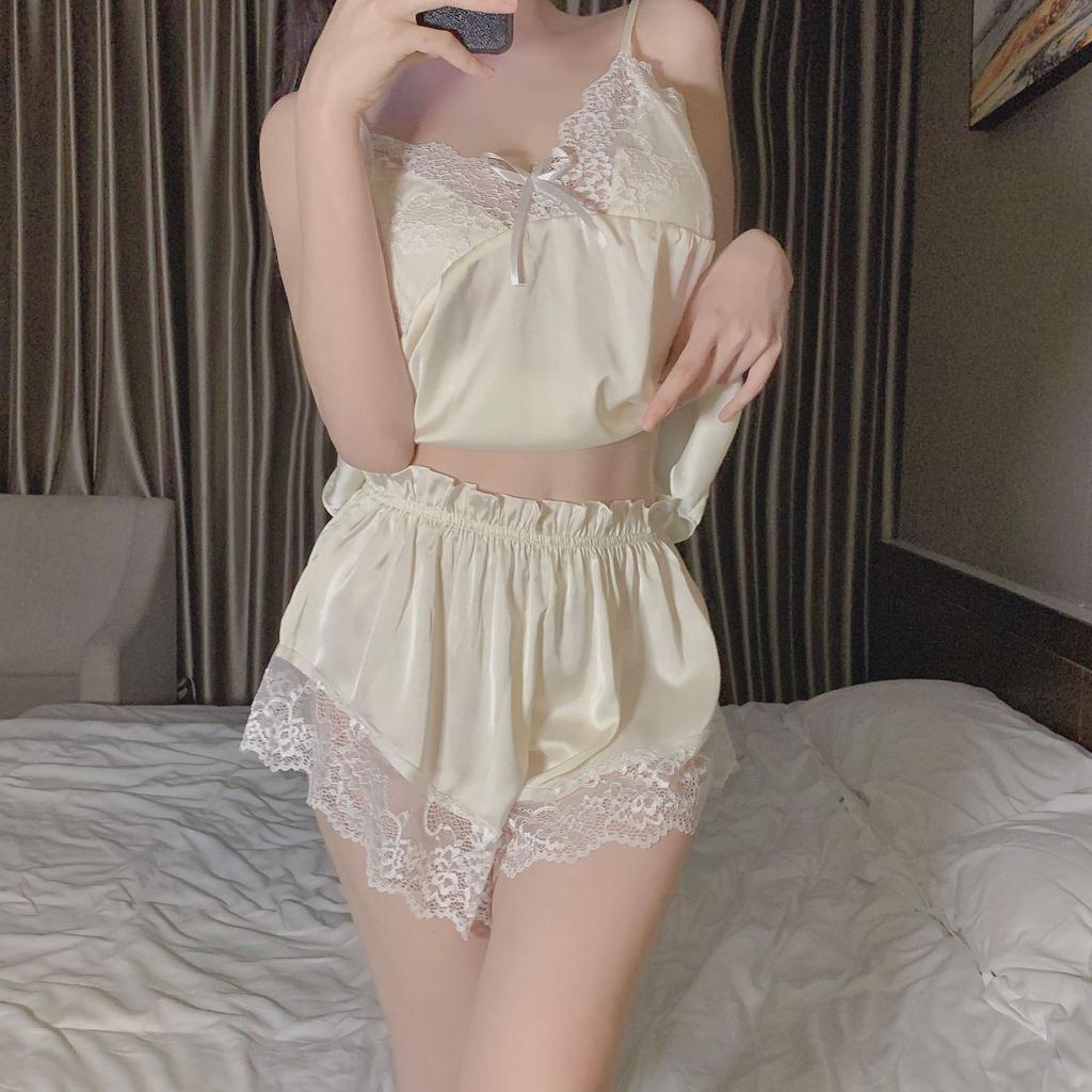 Summer pajamas women's thin ice silk suspender shorts two-piece set sexy belt chest pad lace halter vest set