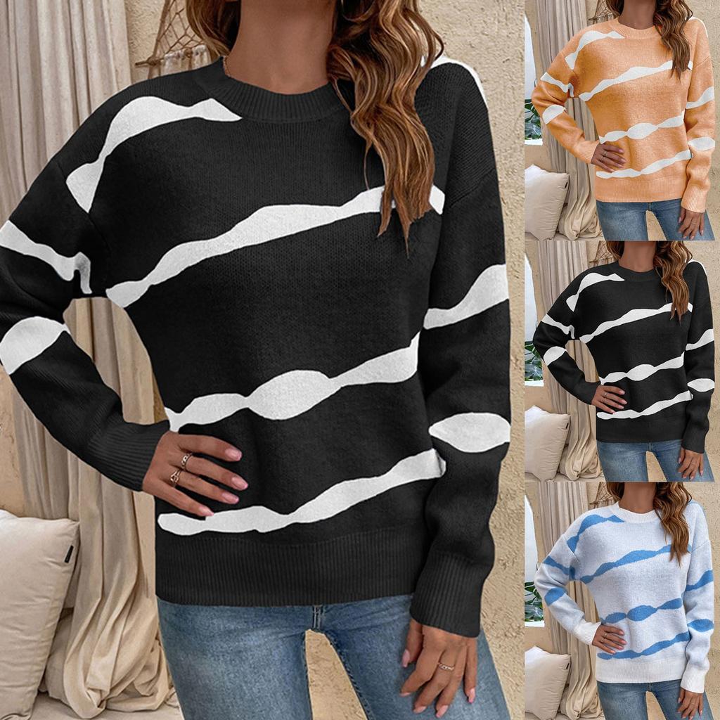 Women's Casual Fashion 2022 Long Sleeved Knitting Contrast Color Sweater Top