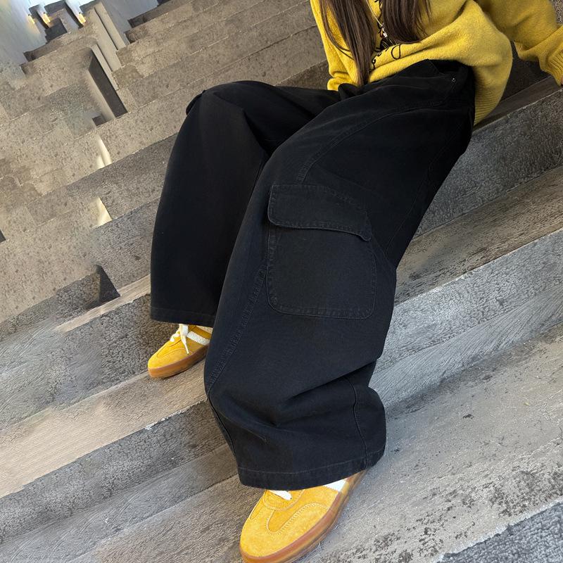 

2025 Girls Cotton Cargo Trousers: Spring/Autumn Wide-Leg Scimitar Pants for Middle & Big Kids 170 cm чёрный