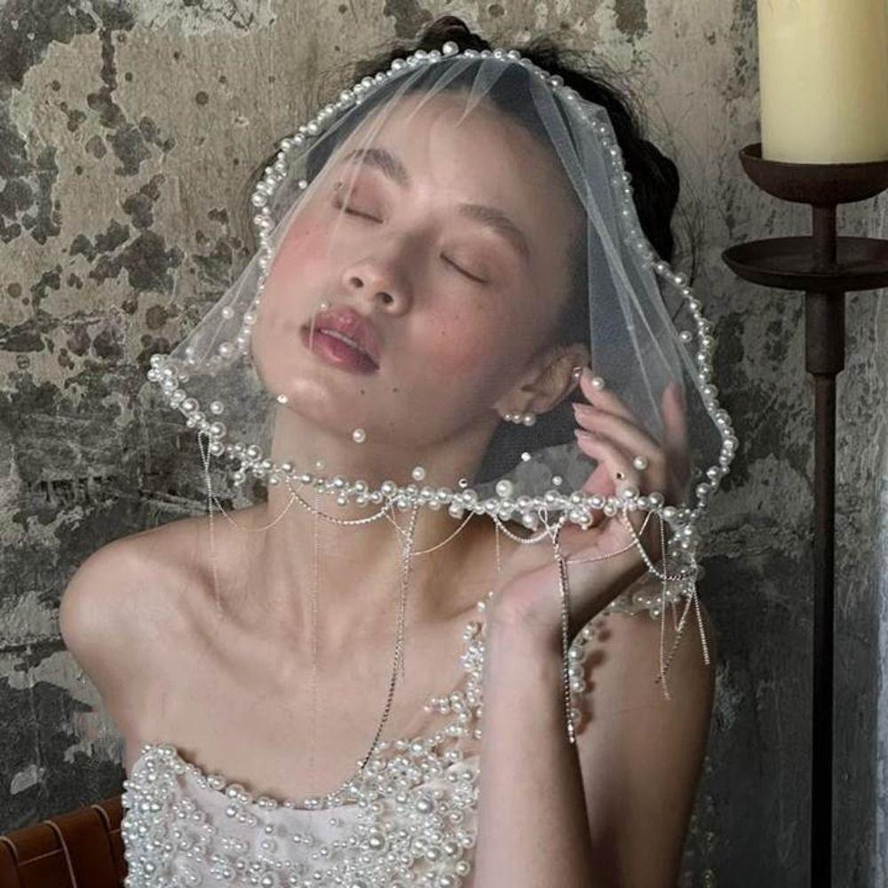 Tassels Wedding Veils Pearls Beads Bride Head Gauze Elegant Brides Veil Bride Jewelry