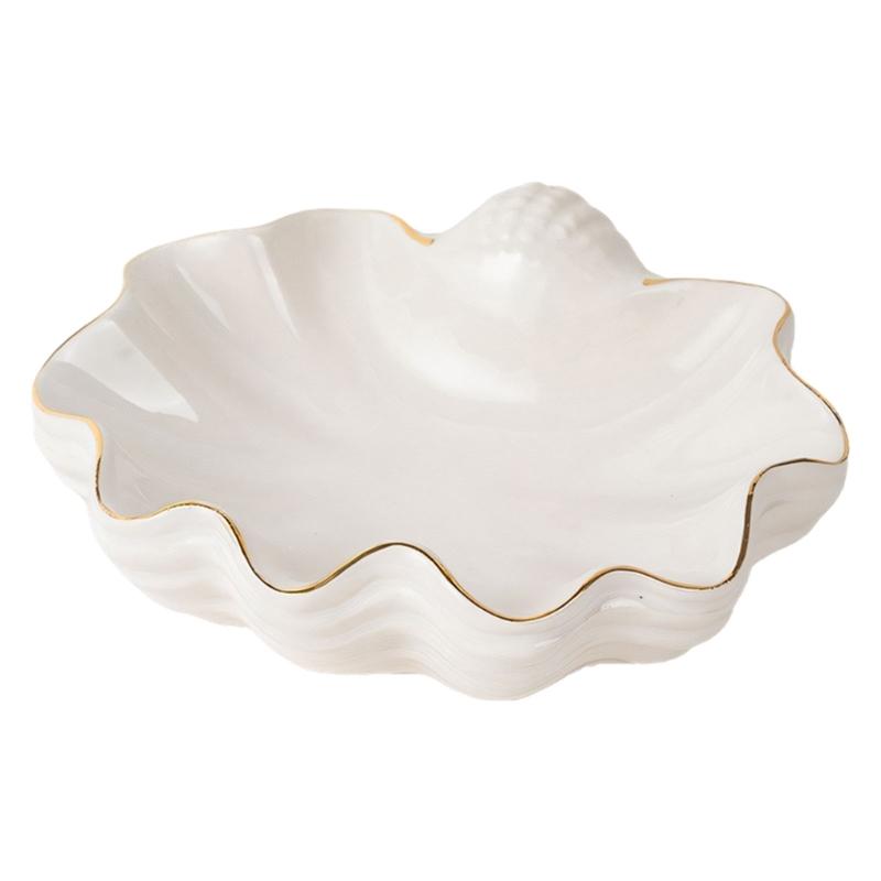 White Ceramic Shell Shaped Jewelry Tray Holder with Irregular Designs Perfect for Storing Necklaces Bracelets Earrings Rings