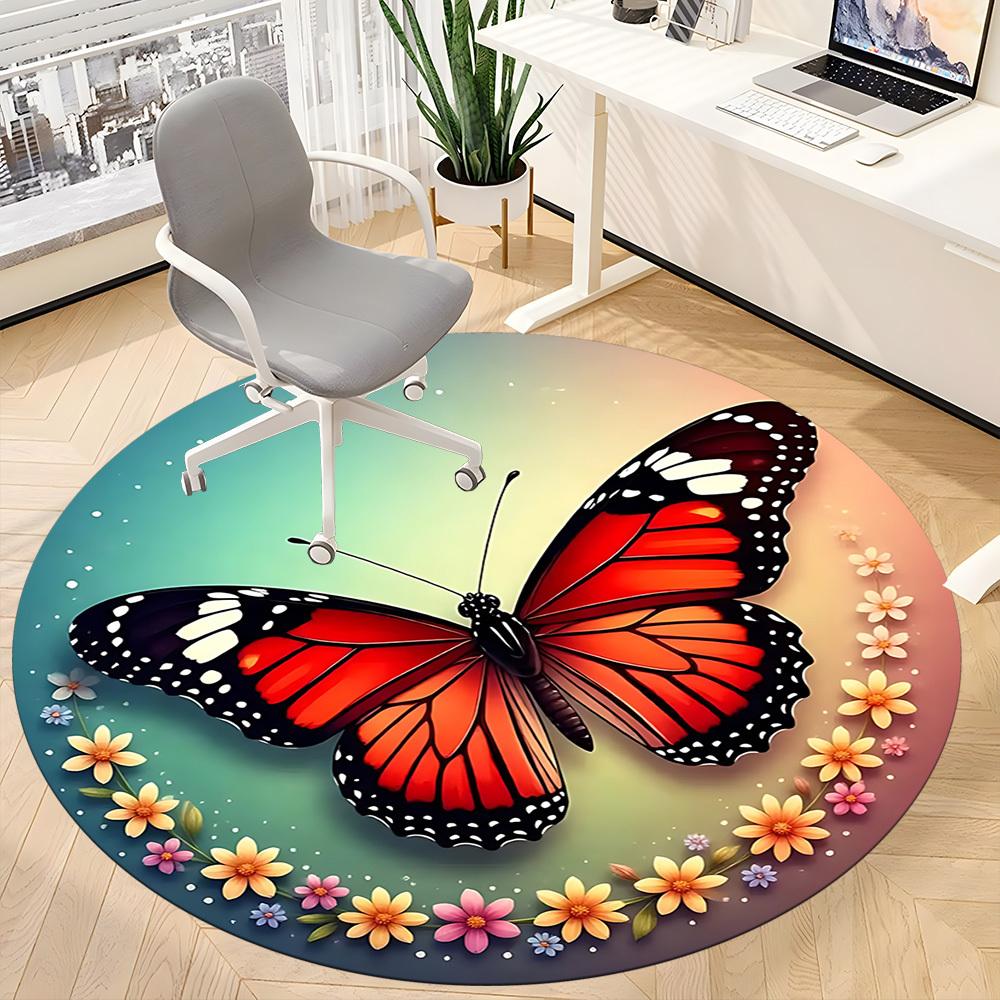 1pc Butterfly Print Chair Carpet for Office, Round Polyester Mat, Indoor Decor for Office, Easycare Fabric, Washable Non-slip Area Carpet