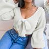 Autumn/Winter Fashion Bow-Tie V-Neck Bell-Sleeve Cropped Sweater for Women