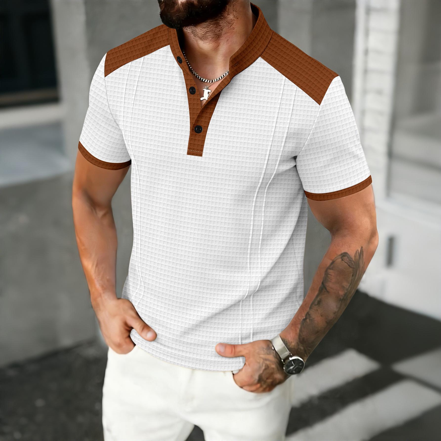 Men s Color-Block Stand Collar Short Sleeve Summer Casual Trendy Breathable Simple T-Shirt S белый
