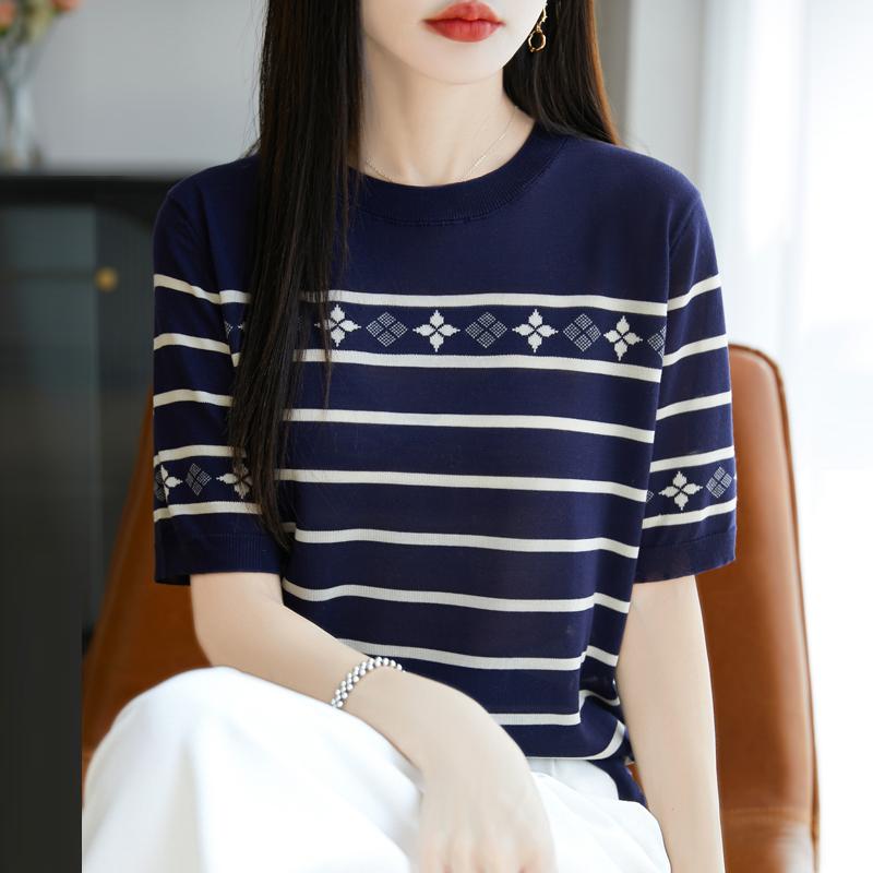 Women Knit T-shirt MODERN NEW SAGA Summer Knitted Shirt Short Sleeve Tees O-neck Patchwork Pullover Knit Tops