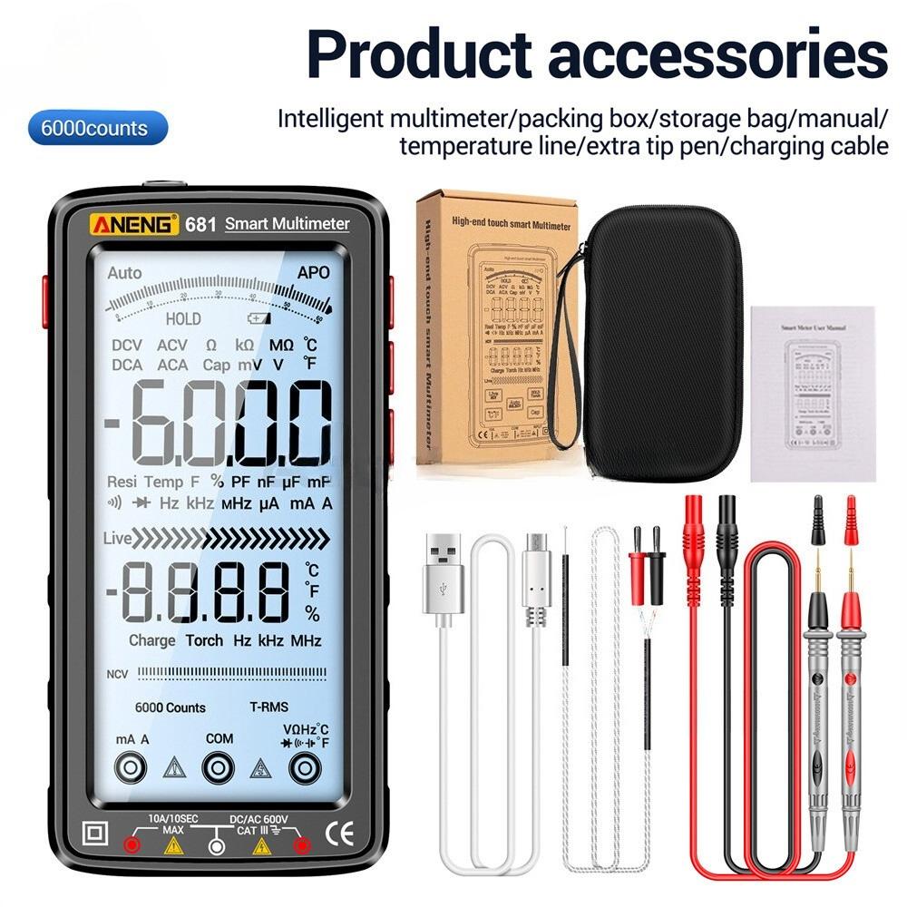 Professional Portable Multimeter Intelligent 6000 Counts NCV-Tester LCD Digital Display DCV ACV Resistance Temperature Measurement Burnproof for Home