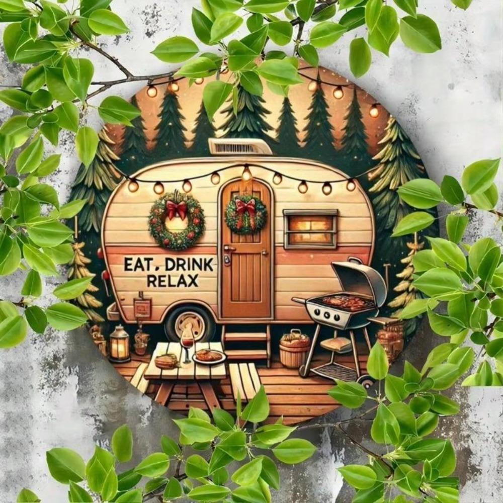 Vintage Metal Tin Sign Rustic Camping Car Wall Decor 8 Inch Round Retro Home Art