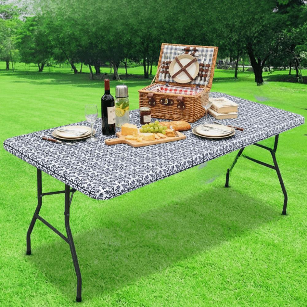Waterproof Baroque Print Elastic Fitted Tablecloth Rectangular Outdoor Fold Table Cover  Picnic