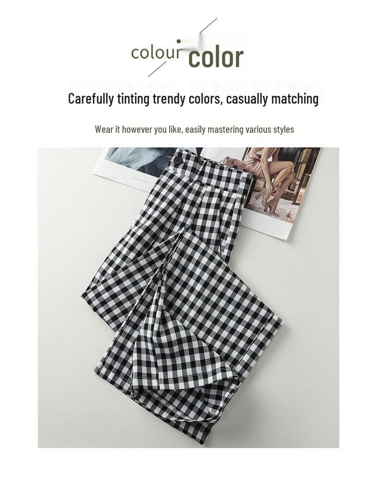 Women's Black and White Plaid Ice Silk Cropped Wide-Leg Pants - Elastic Waist, Summer Casual, Slimming, Loose Fit.