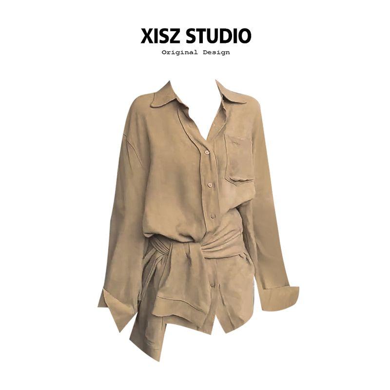 

French Style Temperament Polo Collar Shirt Dress Women s Autumn Fashionable Loose and Lazy Style Cross Lace up Slimming Short Skirt Khaki [High Quality] S