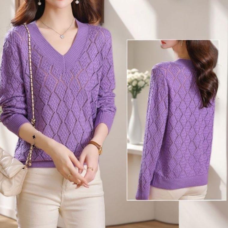 Women's Plus-Size Dopamine V-Neck Sweater Loose Collarbone-Showing High-Grade Hollow-Out Knit Top for Autumn & Summer