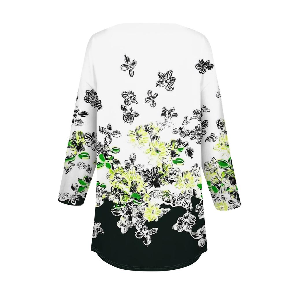 Women's Loose Button Collar Vintage Floral Print Three-quarter Sleeve T-Shirt Shirt