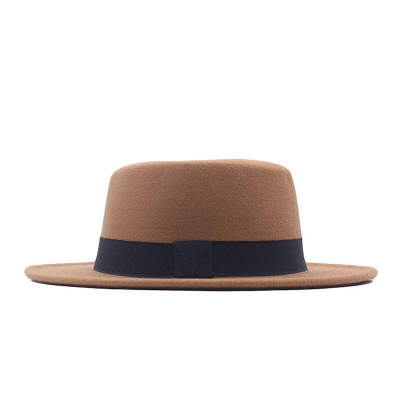 Retro British style black ribbon flat top top hat couple men and women spring and autumn woolen thermal hat