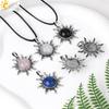 CSJA Vintage Sun Flower Pendant Natural Stone Crystal Necklace Genuine Round Amethysts Pink Quartz Obsidian Lapis Lazuli H120