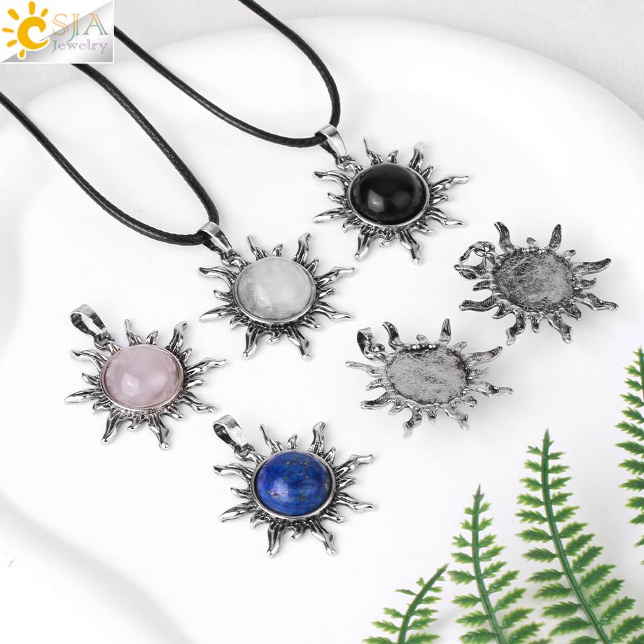 CSJA Vintage Sun Flower Pendant Natural Stone Crystal Necklace Genuine Round Amethysts Pink Quartz Obsidian Lapis Lazuli H120