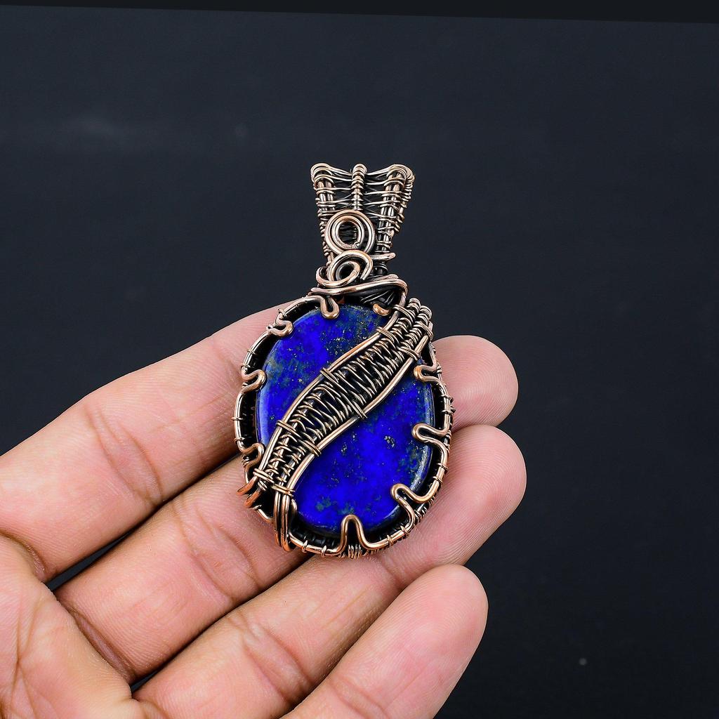 Lapis Lazuli Gemstone Pure Copper Wire Wrapped Handmade Pendant Jewelry Gift For Her