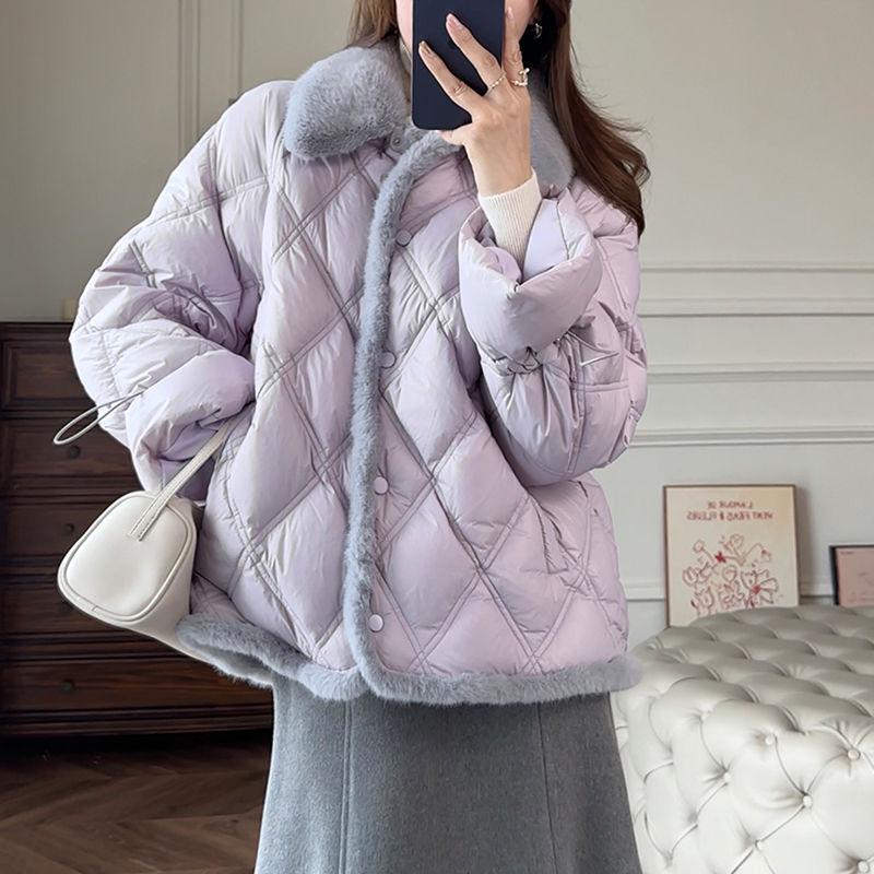 

Женская стильная хлопковая куртка светло-фиолетового цвета - Осень/Зима, меховой воротник, узор аргайл, модная верхняя одежда S