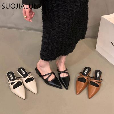 Fashion SUOJIALUN 2024 Summer New Women Flat Shoes Fashion Pointed Toe Slip On Mules Shoes Soft Flat Heel Outdoor Vaction Ladies Sandals