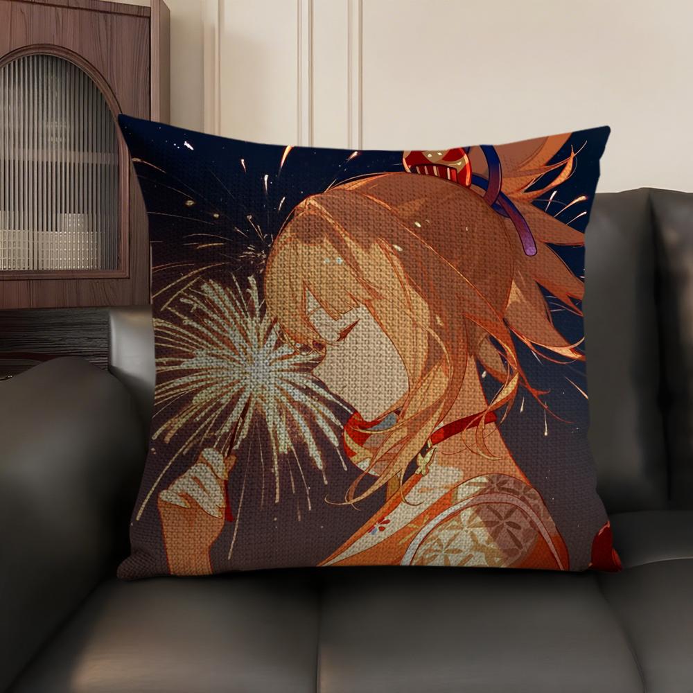 Yoimiya Genshin Impact Cute Cushion Cover Natural Linen Organic Fabric DoubleSided Printing Sofa Home Decor Gift Pillow Case