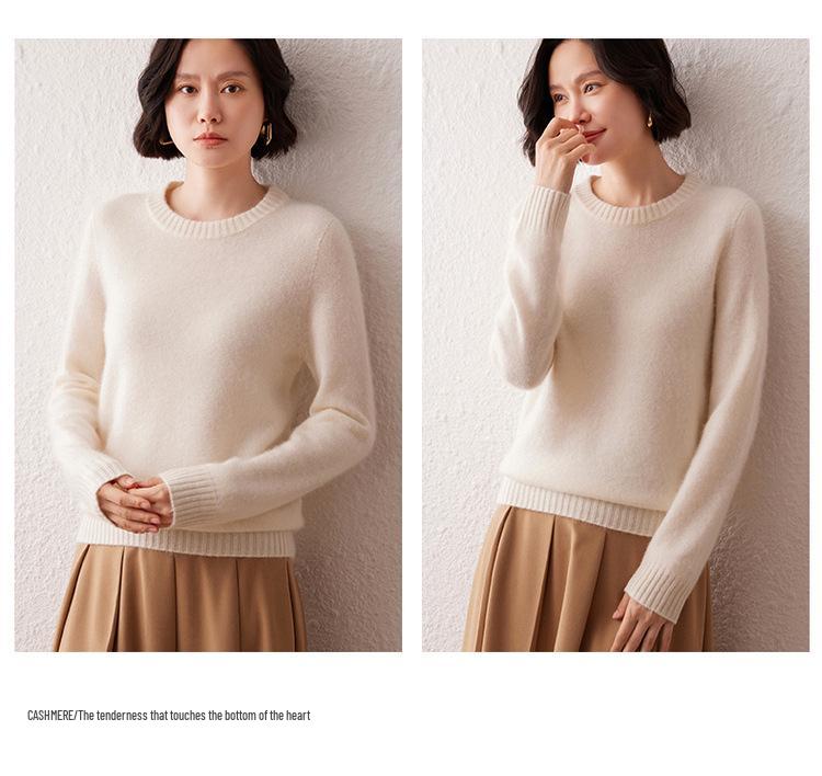 Women's 7-Gauge Double-Ply Cashmere Sweater - Autumn/Winter 2026 Collection, Versatile Solid Color Round Neck Sweater