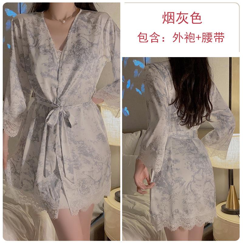 New Chinese-style Printed Satin Lace Plus Chest Pad Slim Suspender Nightdress Robe Loungewear Set